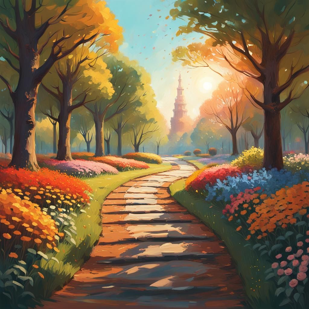 Winding Track Through Park in Oil Painting Style
