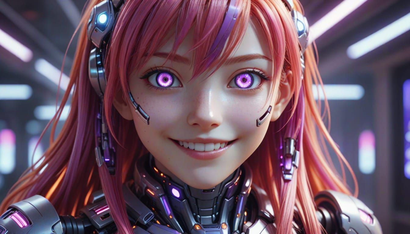 Anime Cyborg with Glowing Eyes: Digital Art Portrait