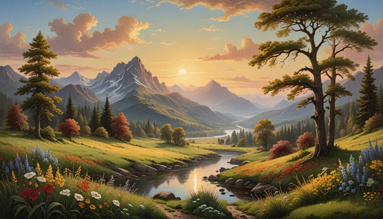 Romantic Landscape with Golden Light