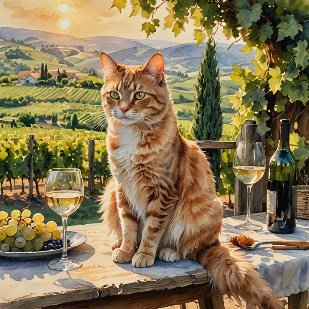Cat Overlooking Vineyard in Watercolor Style
