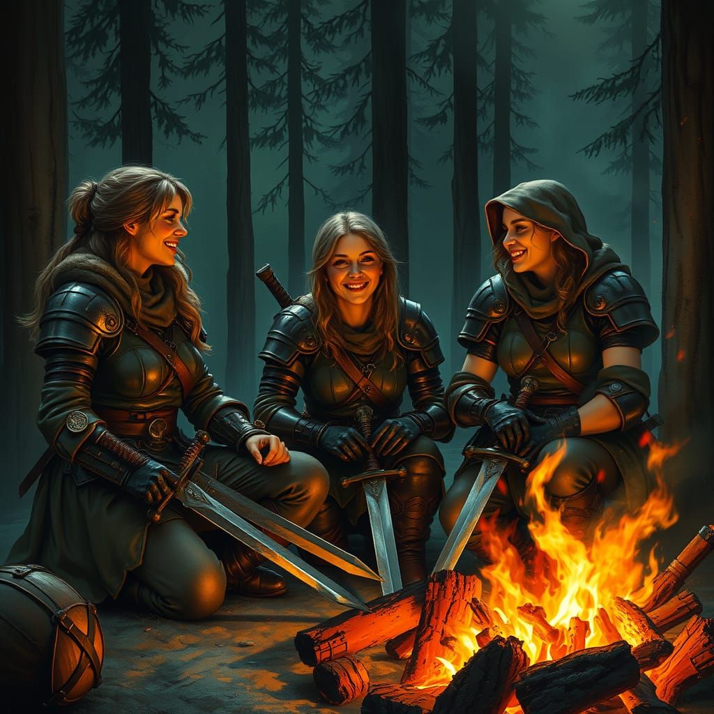 Women Warriors Around Campfire in Fantasy Style