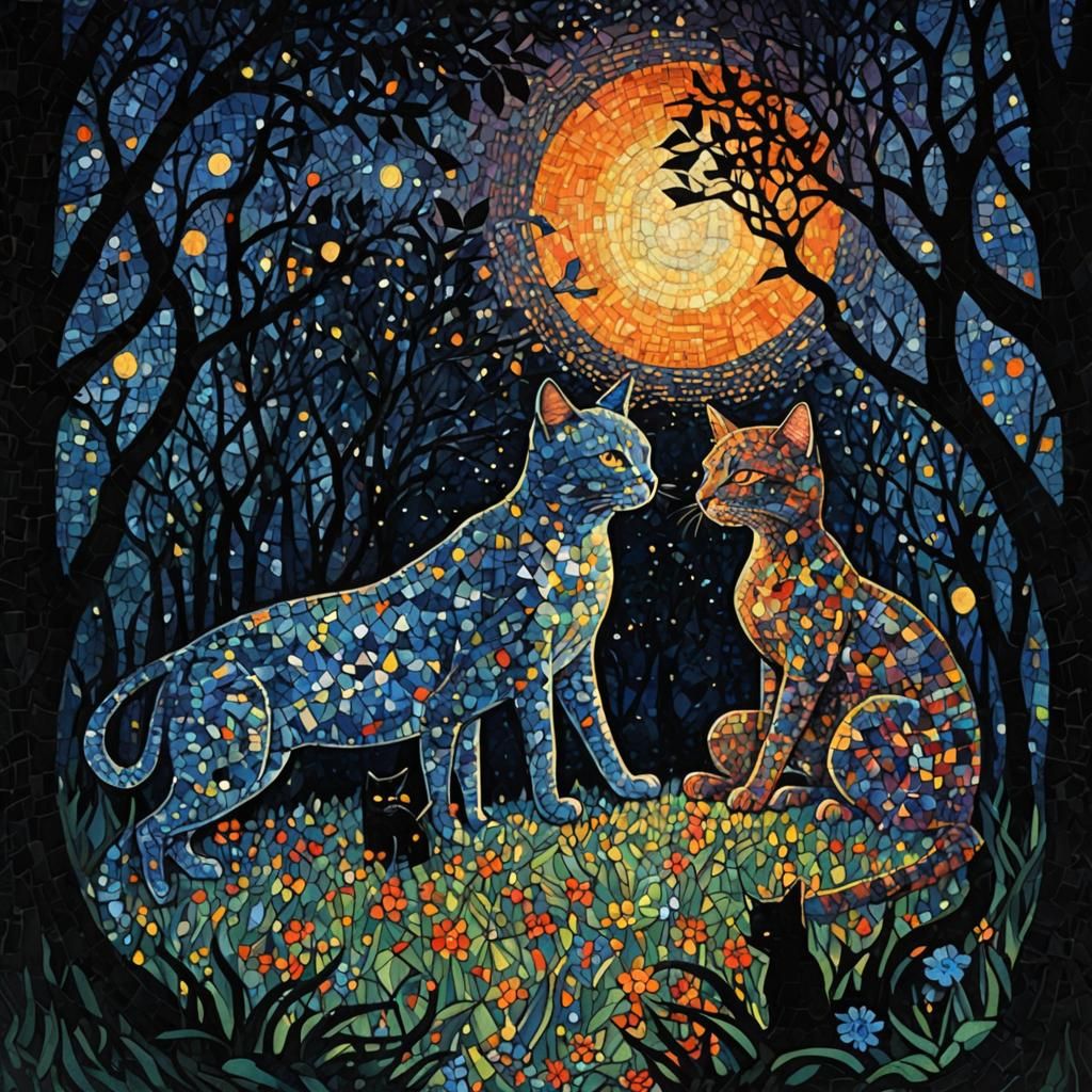 Girl and Cats in Pointillist Style with Vivid Colors