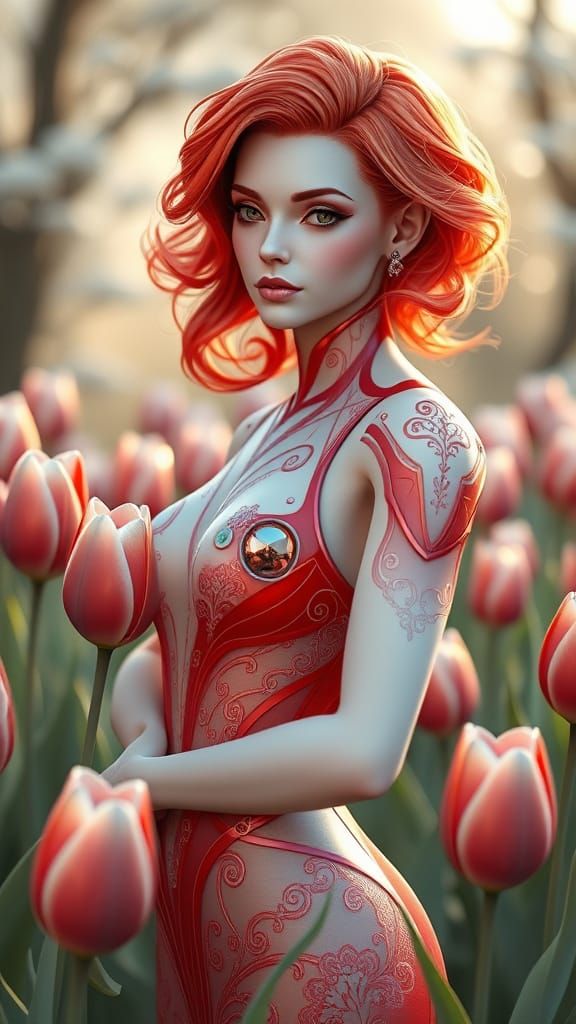 Android Goddess in Art Nouveau Garden of Metallic Tulips