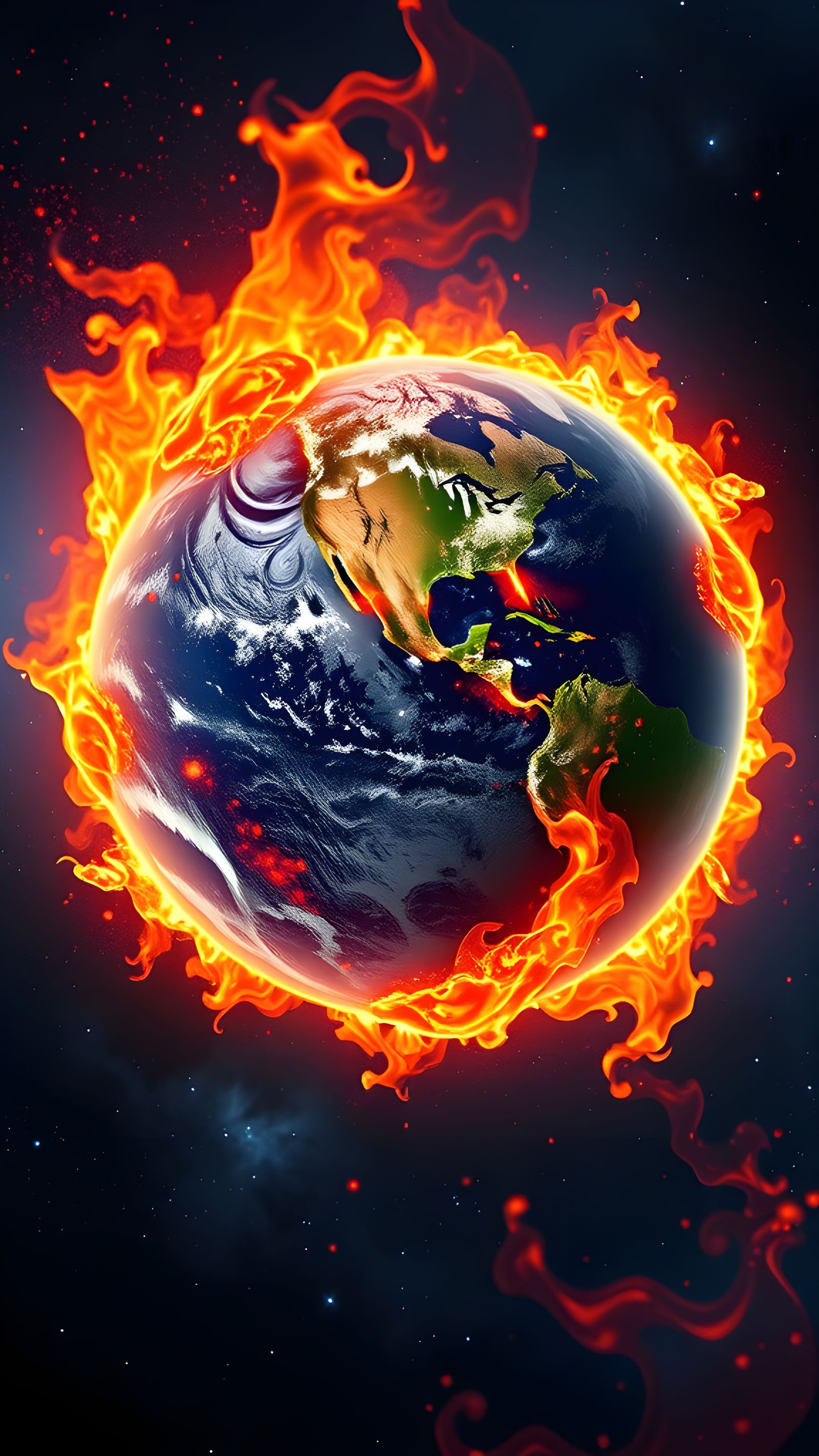 Fiery Earth in Cosmic Space: Photorealistic Rendering