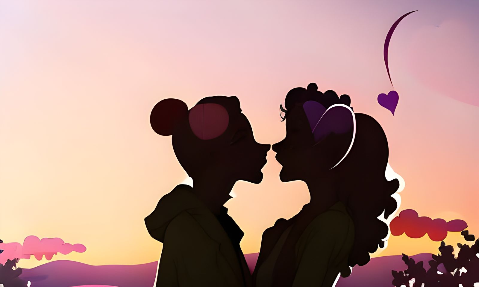 Lesbian Couple Kissing Silhouette with Sunset Fireworks