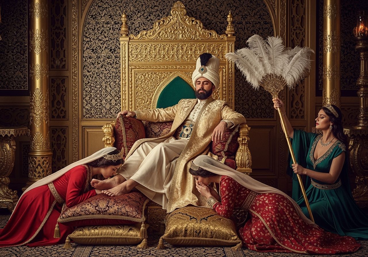 Ottoman Sultan on Gold Throne in Opulent Palace