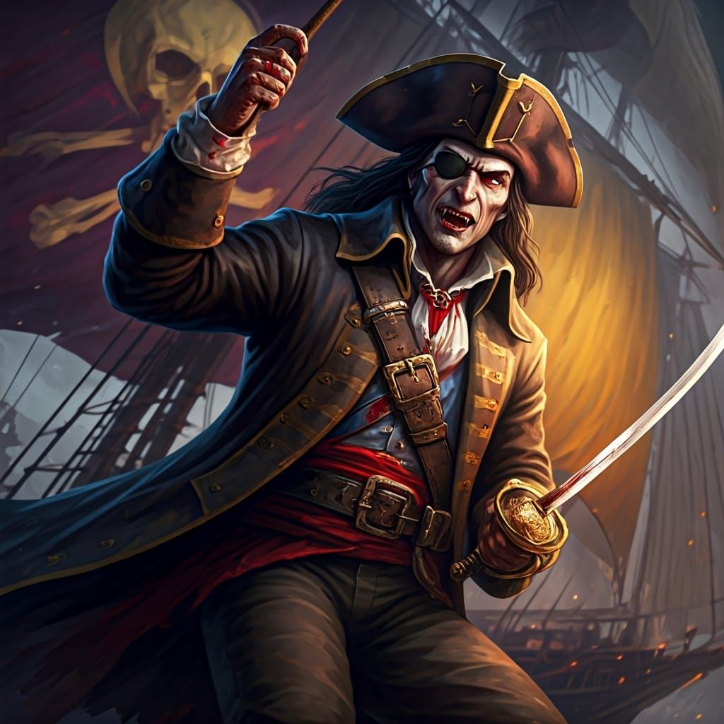Pirate Dracula on Ship, Dark Fantasy Concept Art