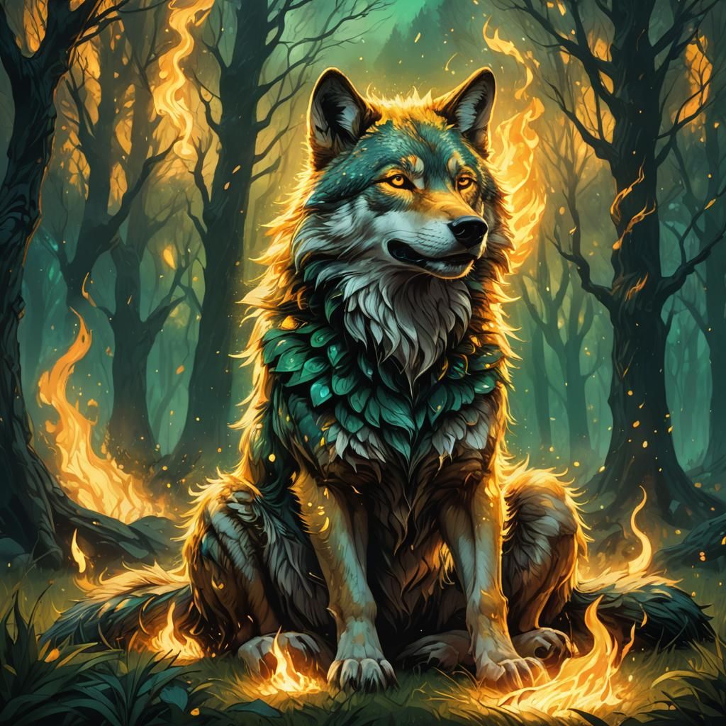 Wolf Engulfed in Flames: a Fantasy Illustration
