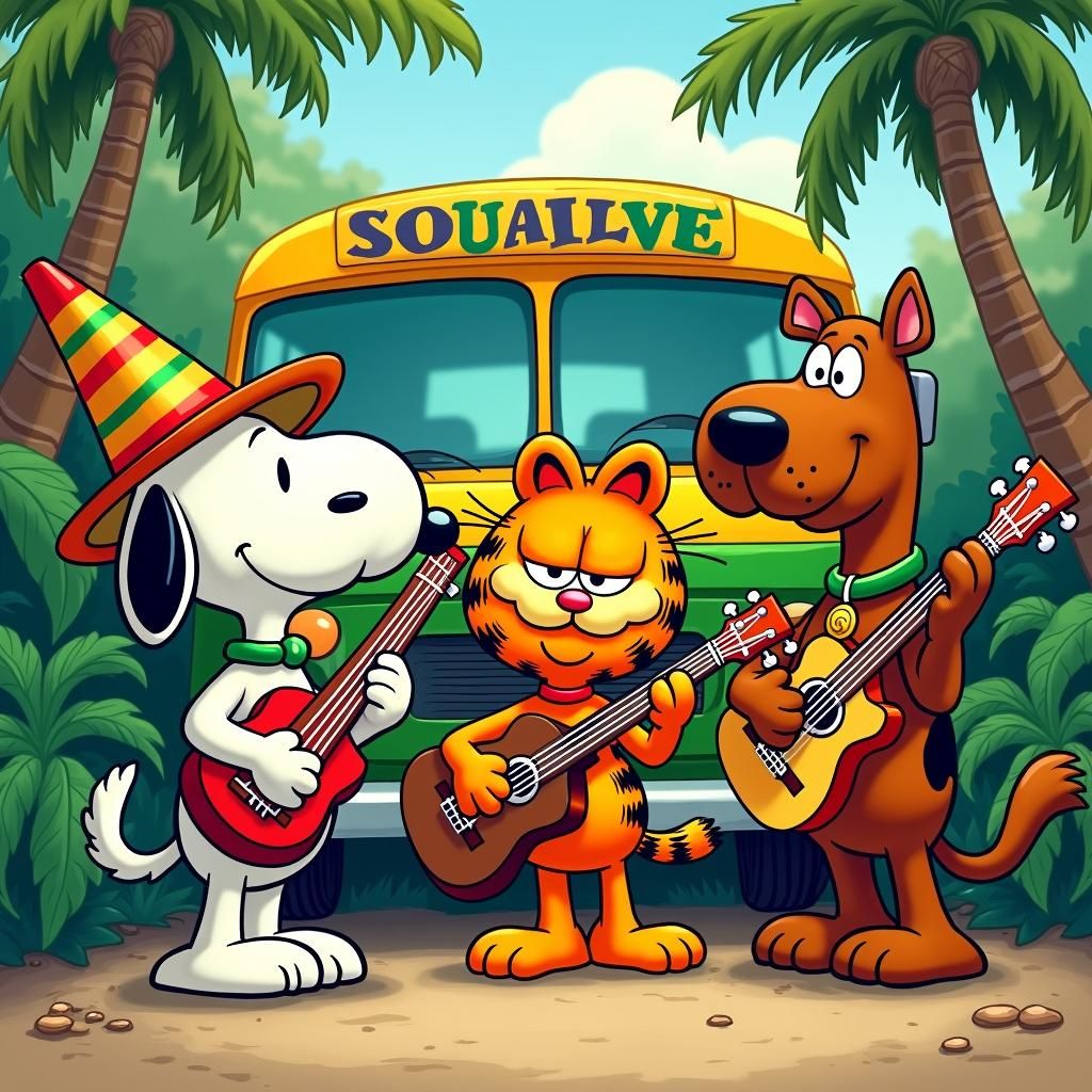 Snoopy, Garfield, Scooby Doo Reggae Band in Peanuts Style