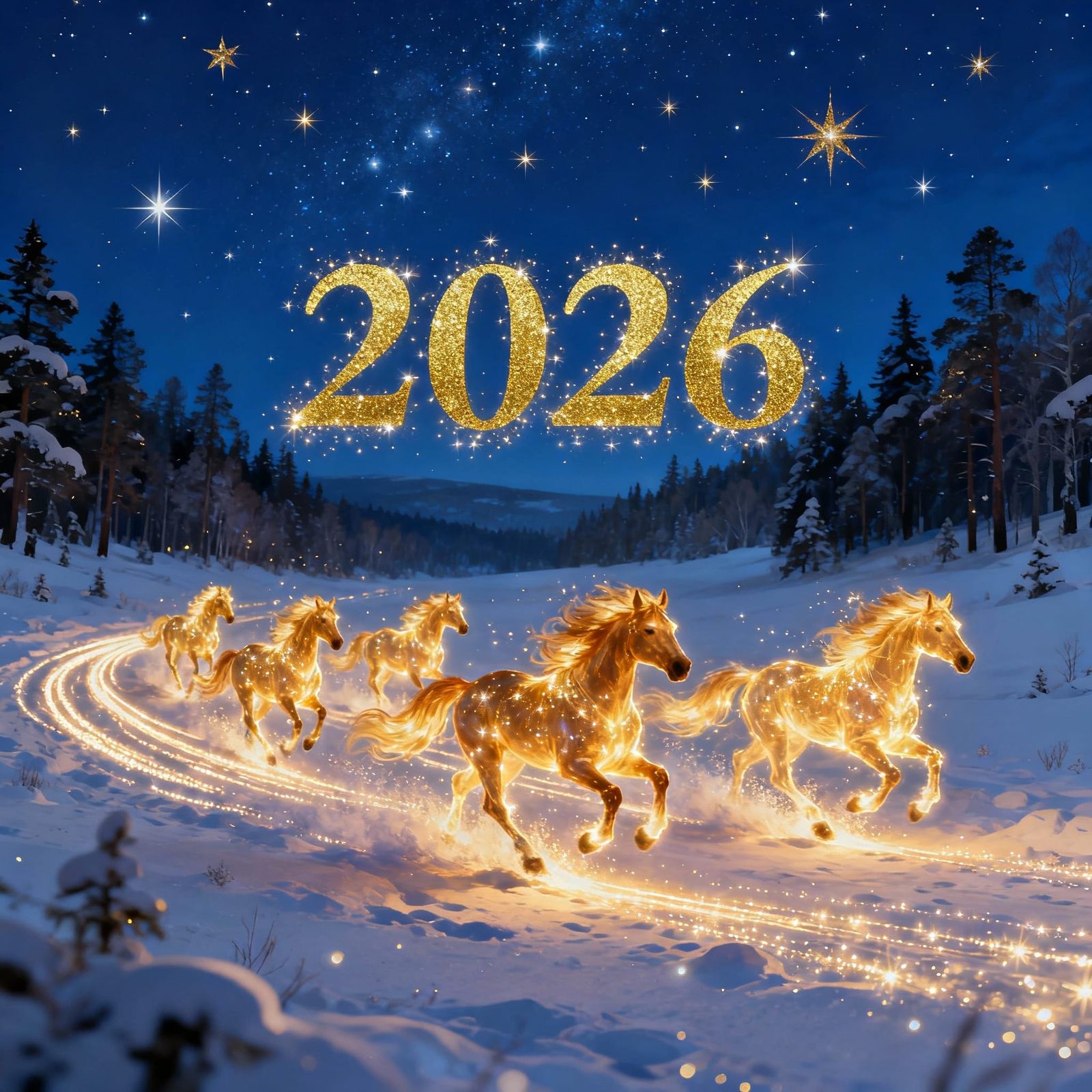 Majestic Ural Winter Forest with Fiery Horses and Gold 2026