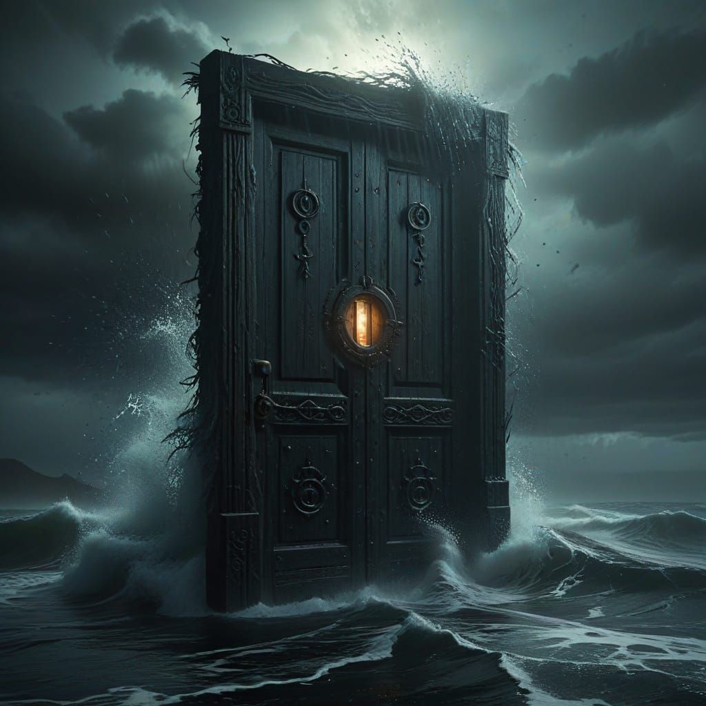Ominous Door in Ocean with Glowing Runes