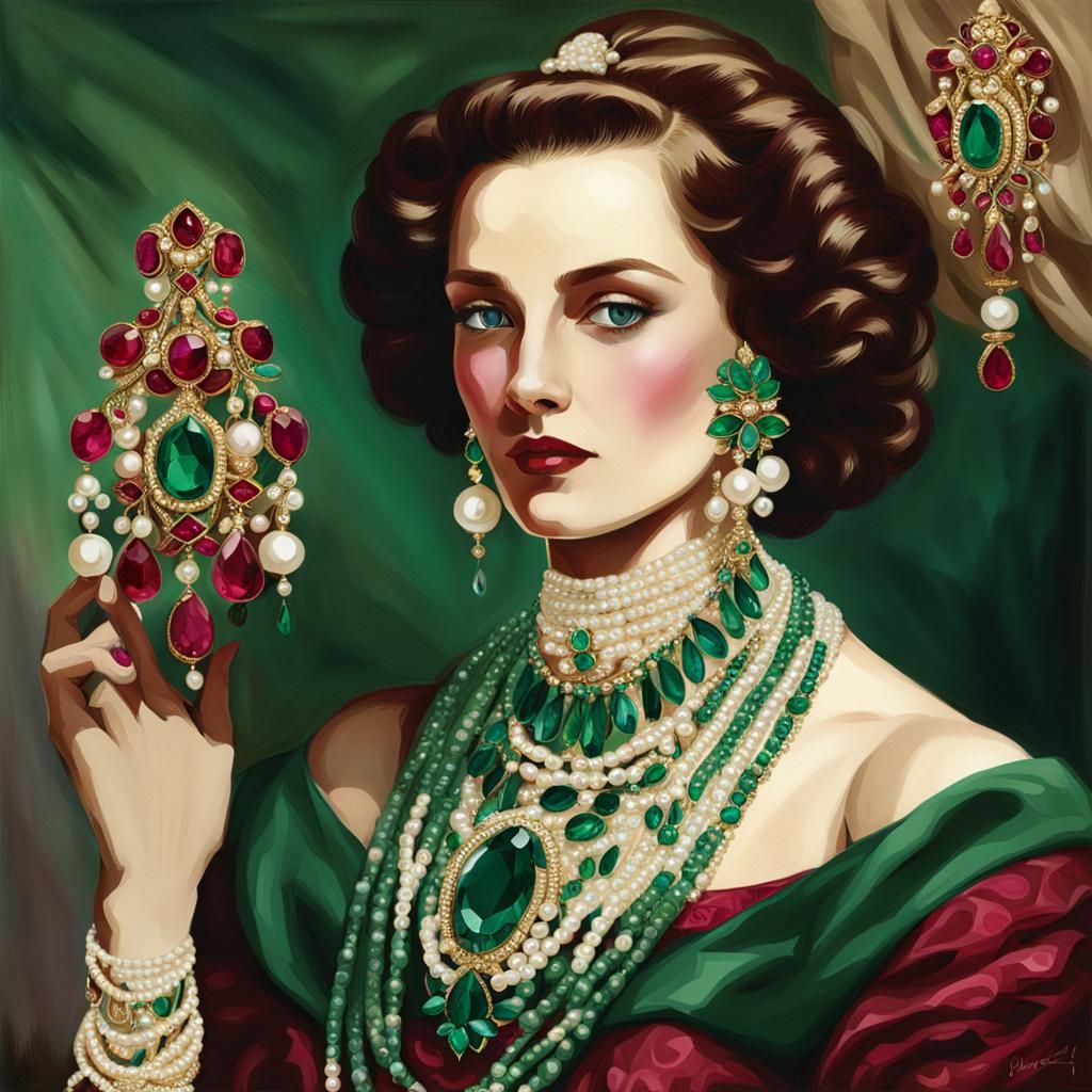 Opulent Woman in Rubies, Emeralds, and Pearls