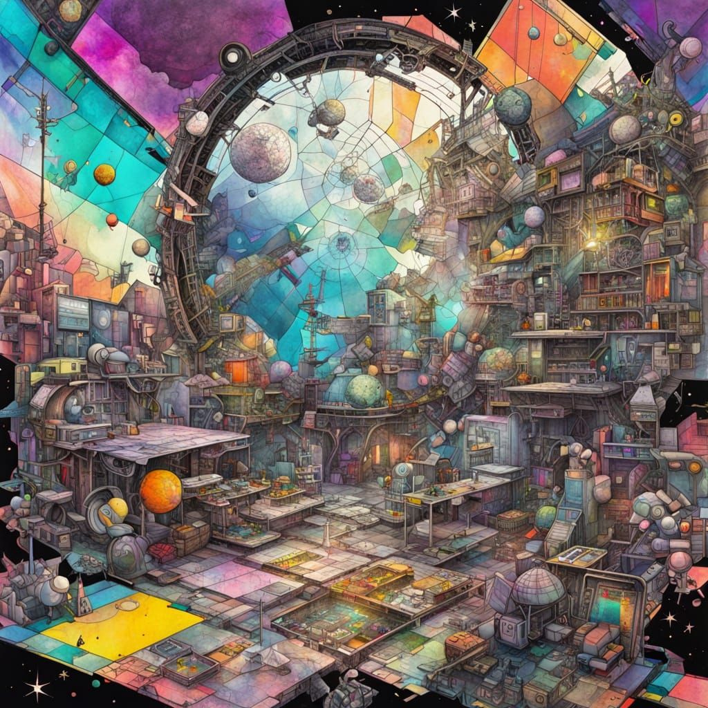 Chaotic Space Station: Mixed Media Collage in 8K