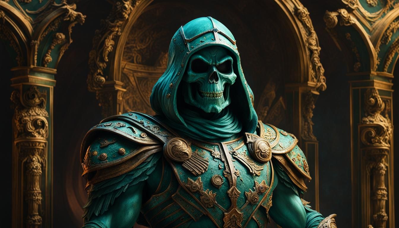 Aged bronze sculpture of Skeletor statue, Verdigris color Palette, Masters of the Universe, MOTU,