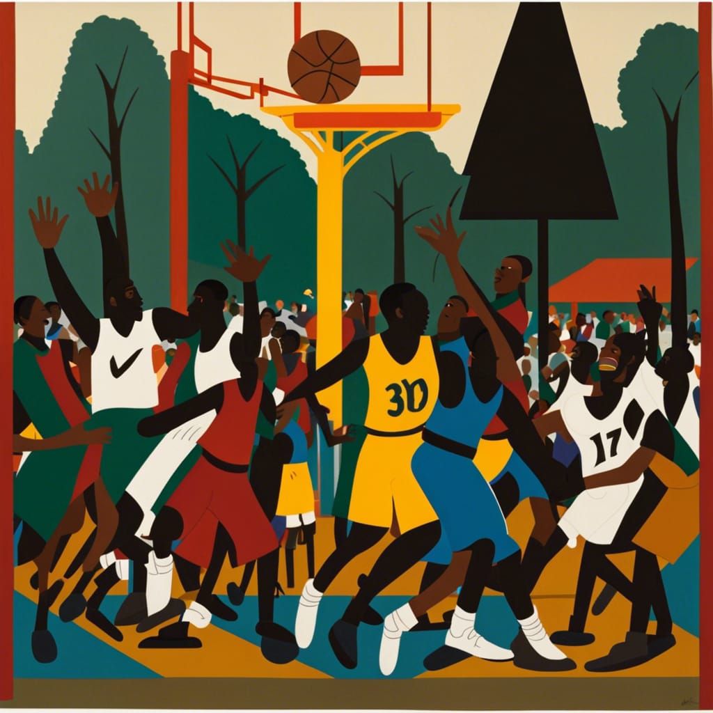 Basketball Game in Park, Modernist Painting