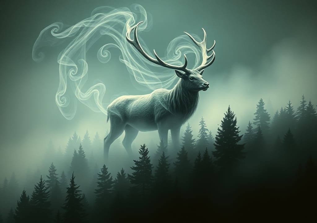 Enchanted Mist Stag Above Dark Evergreen Forest