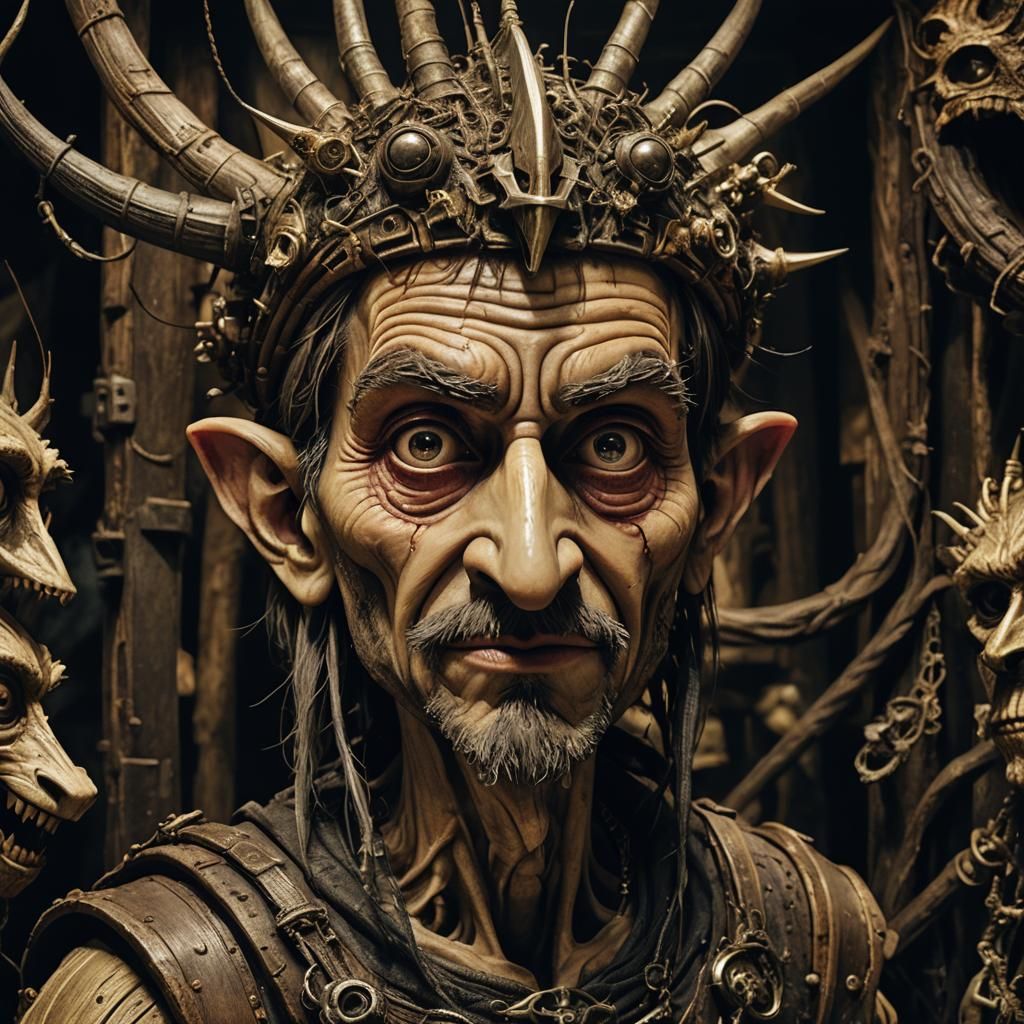 Surreal Pinocchio in Dimly Lit Post-Apocalyptic Lair