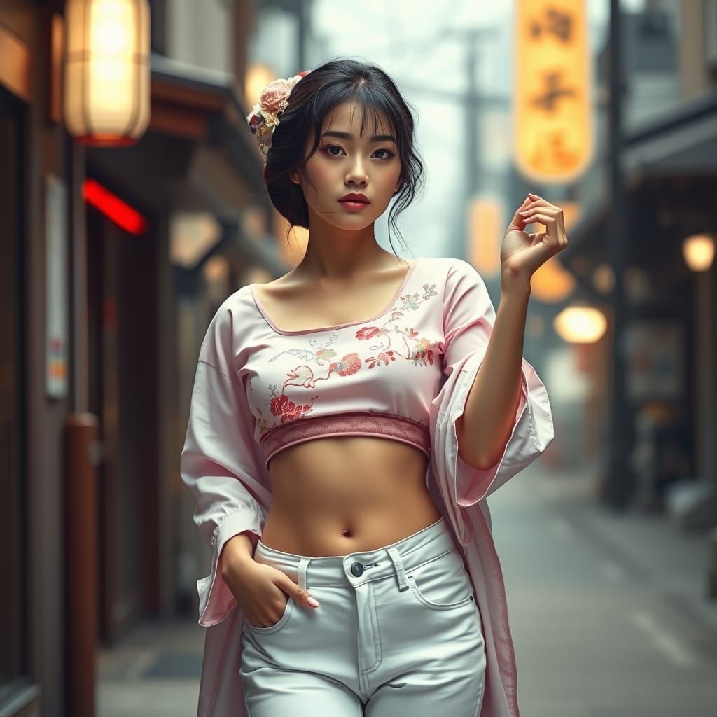 Geisha in Modern Attire, Hyperrealistic Style