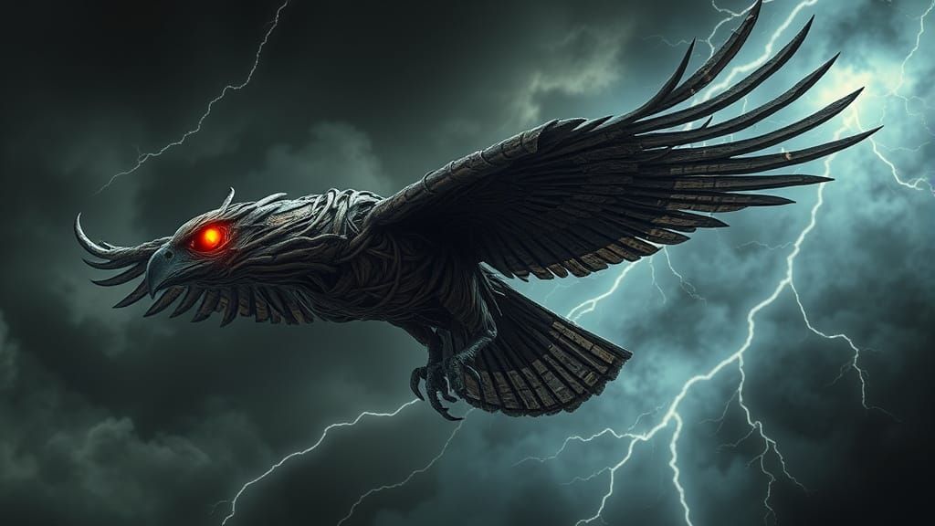 Stick Falcon Soaring Through Storm, Mystical Art