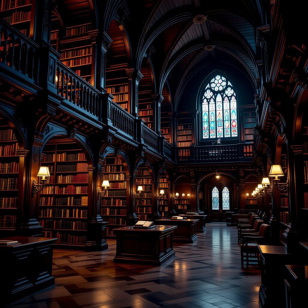 Mystical Gothic Library with Cinematic Lighting