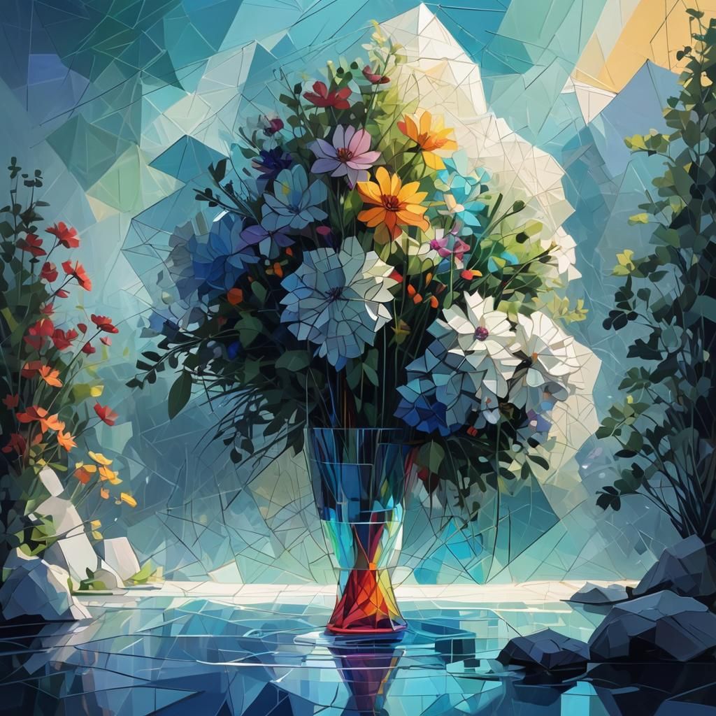 A vase with wildflowers , cubist painting,