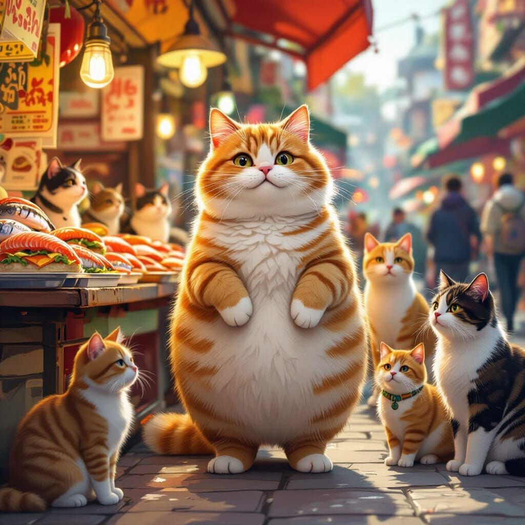 Orange Cat's Fish Sandwich Stall: A Digital Painting