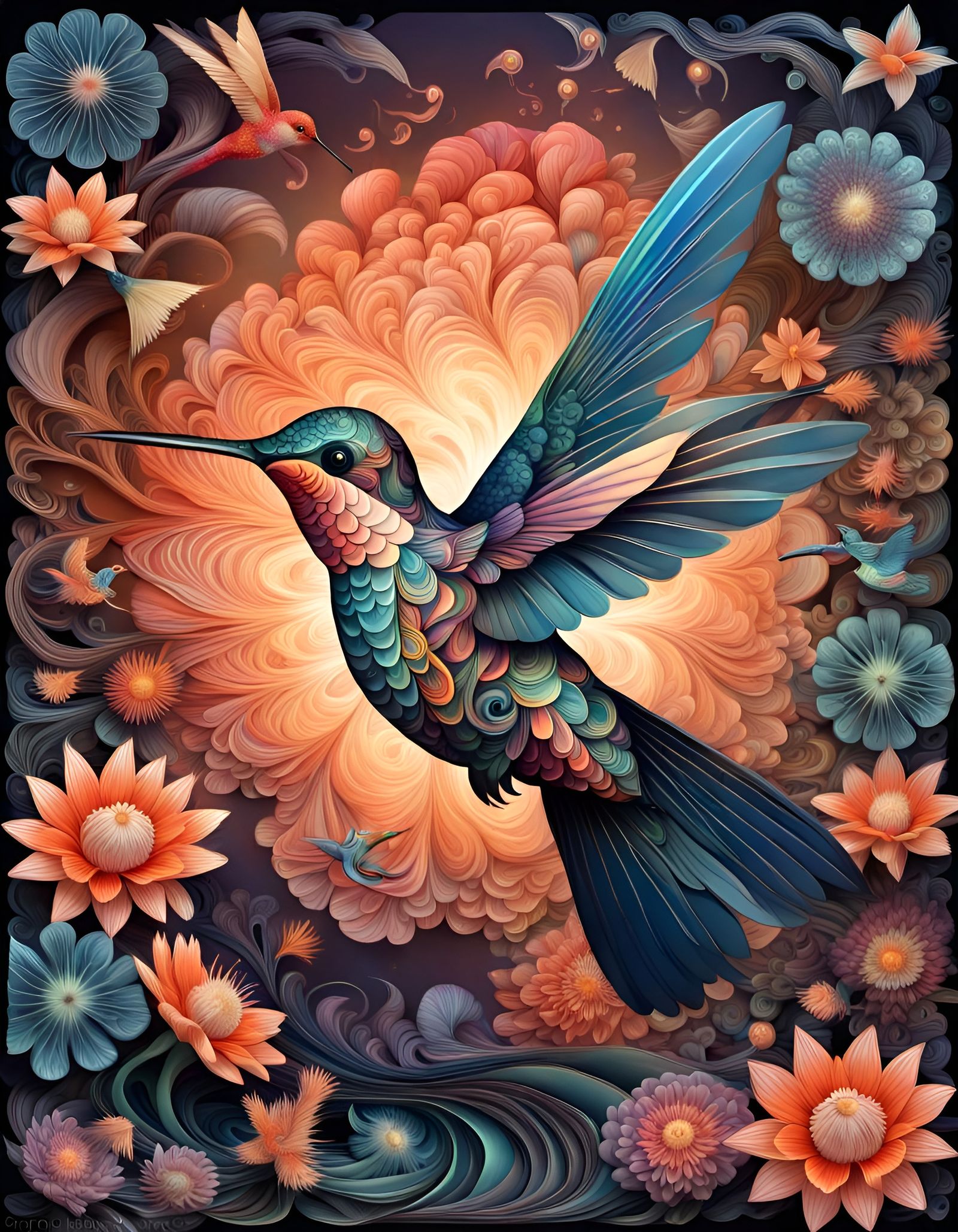 Hummingbird in Bioluminescent Garden: Origami Papercraft