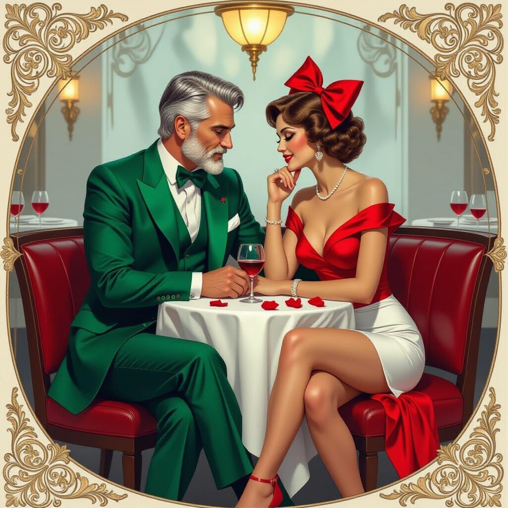 Elegant Couple in Restaurant, Art Nouveau Digital Painting