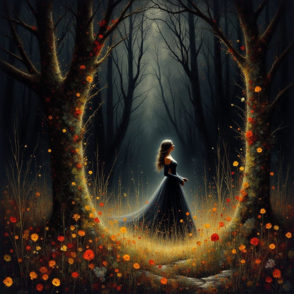 Mysterious Haunted Forest in Scratch Art Style