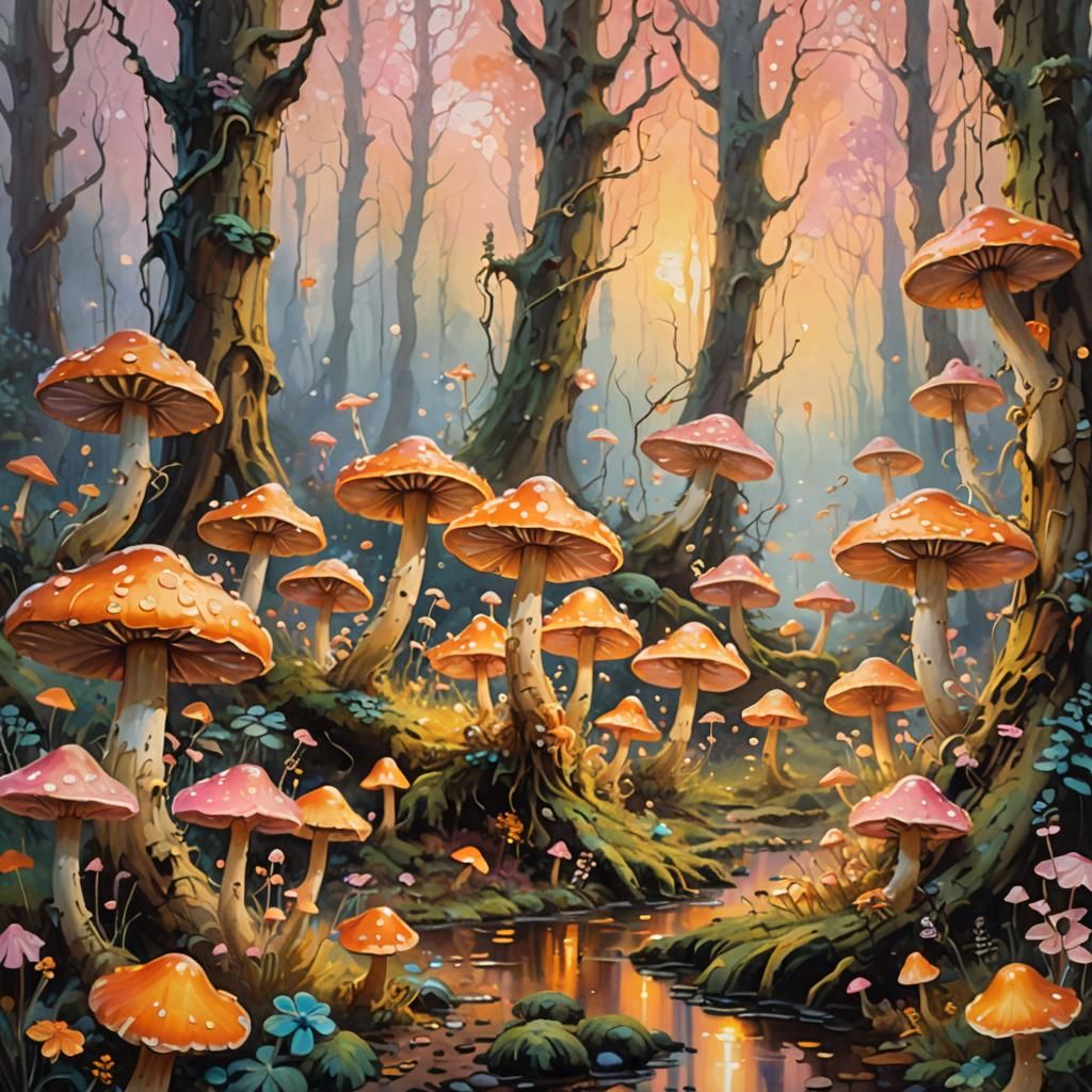 Fairies Dancing Among Glowing Mushrooms at Dawn
