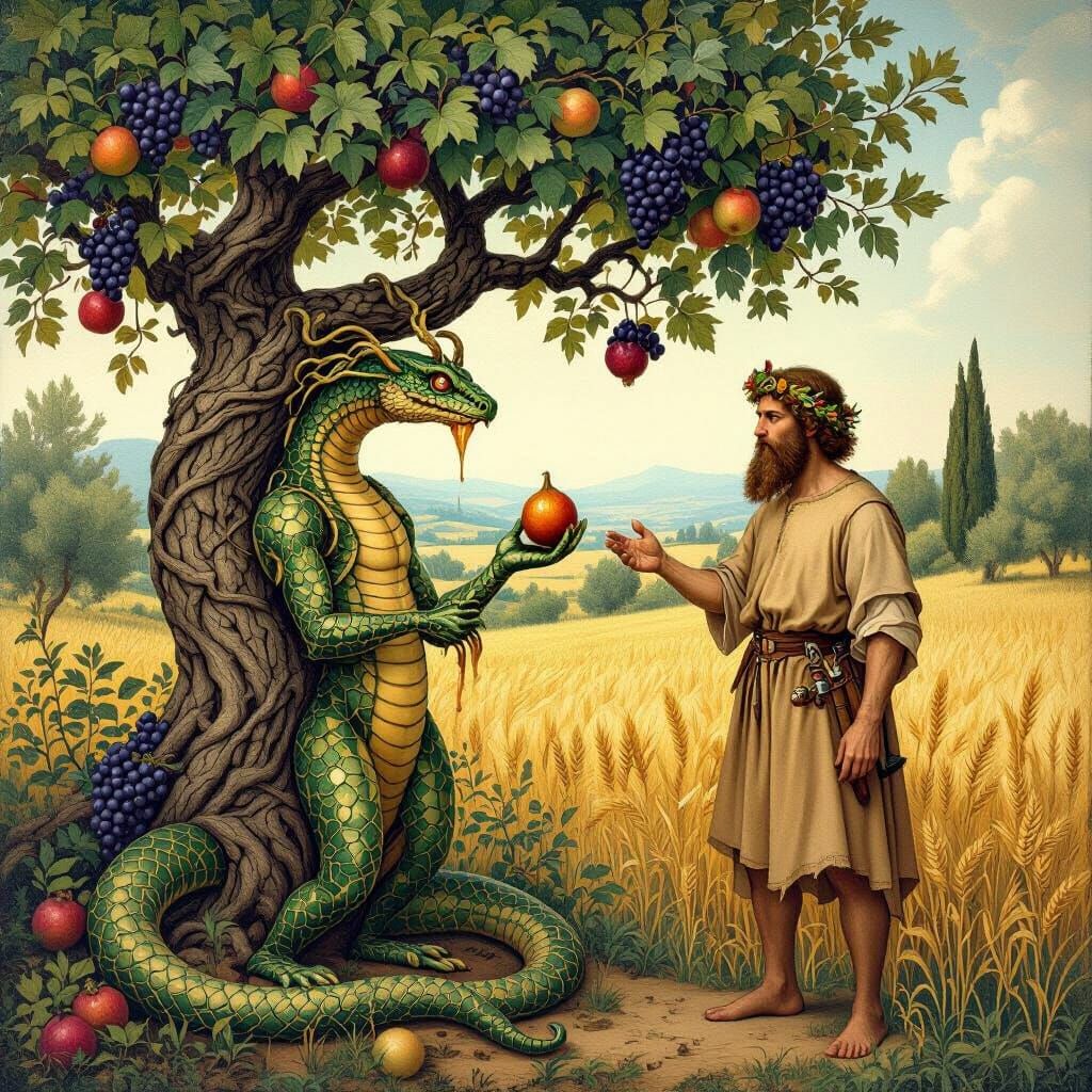 Serpent Temptation in a Fantastical Orchard