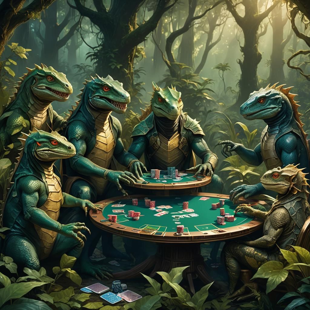 Lizard Poker Game in Emerald Forest: High-Fantasy Art
