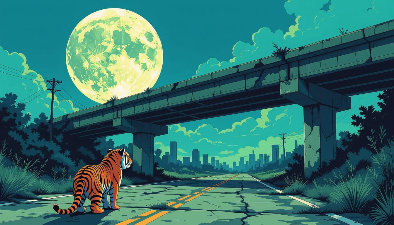 Tiger Gazes at Ethereal Moon Over Post-Apocalyptic Wasteland...