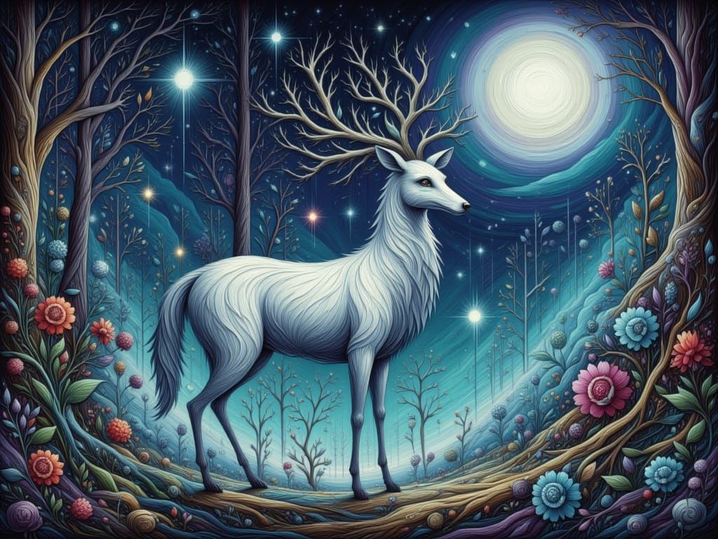 Mystic White Deer in Enchanted Forest Under Moon