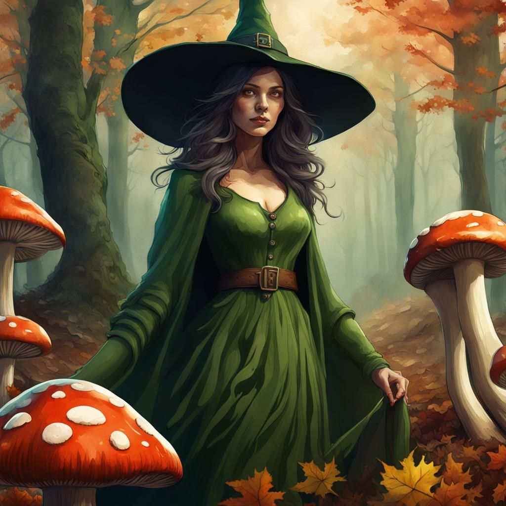 Autumnal Woodland Witch in Watercolour Style