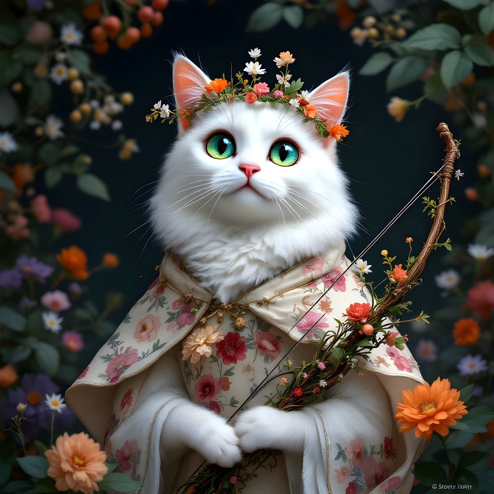 Whimsical Feline Archon in Floral Regalia