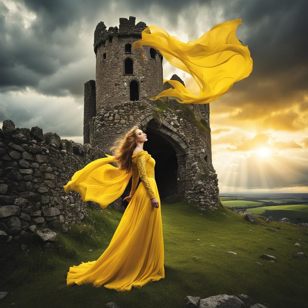 Celtic Princess in Windswept Castle Ruins