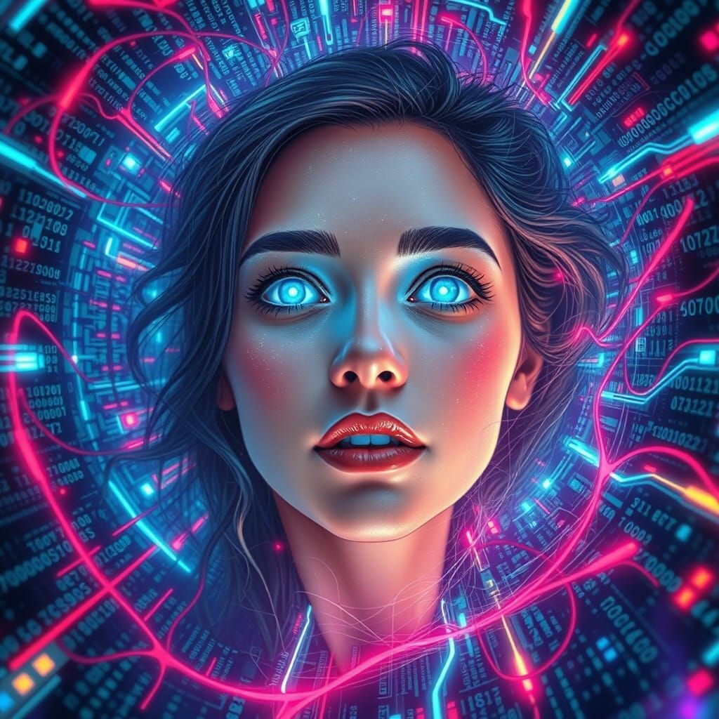 Cybernetic Goddess Emerges from Digital Vortex