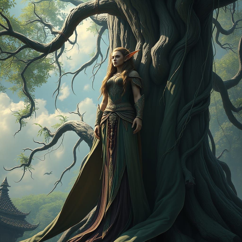 Ethereal Elven Huntress Amidst Ancient Trees