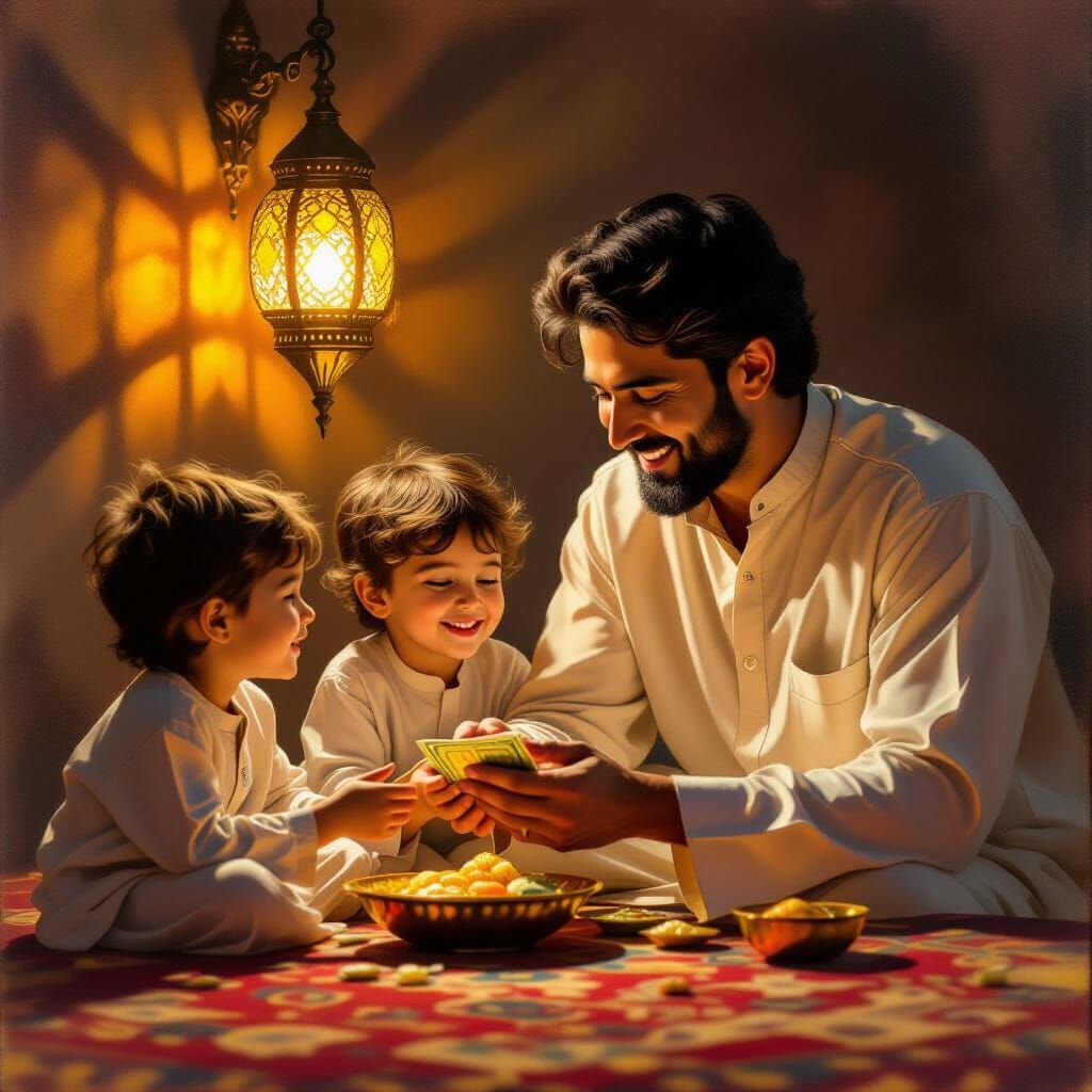 Eid Al-Fitr Joy: Father Gives Gifts to Children