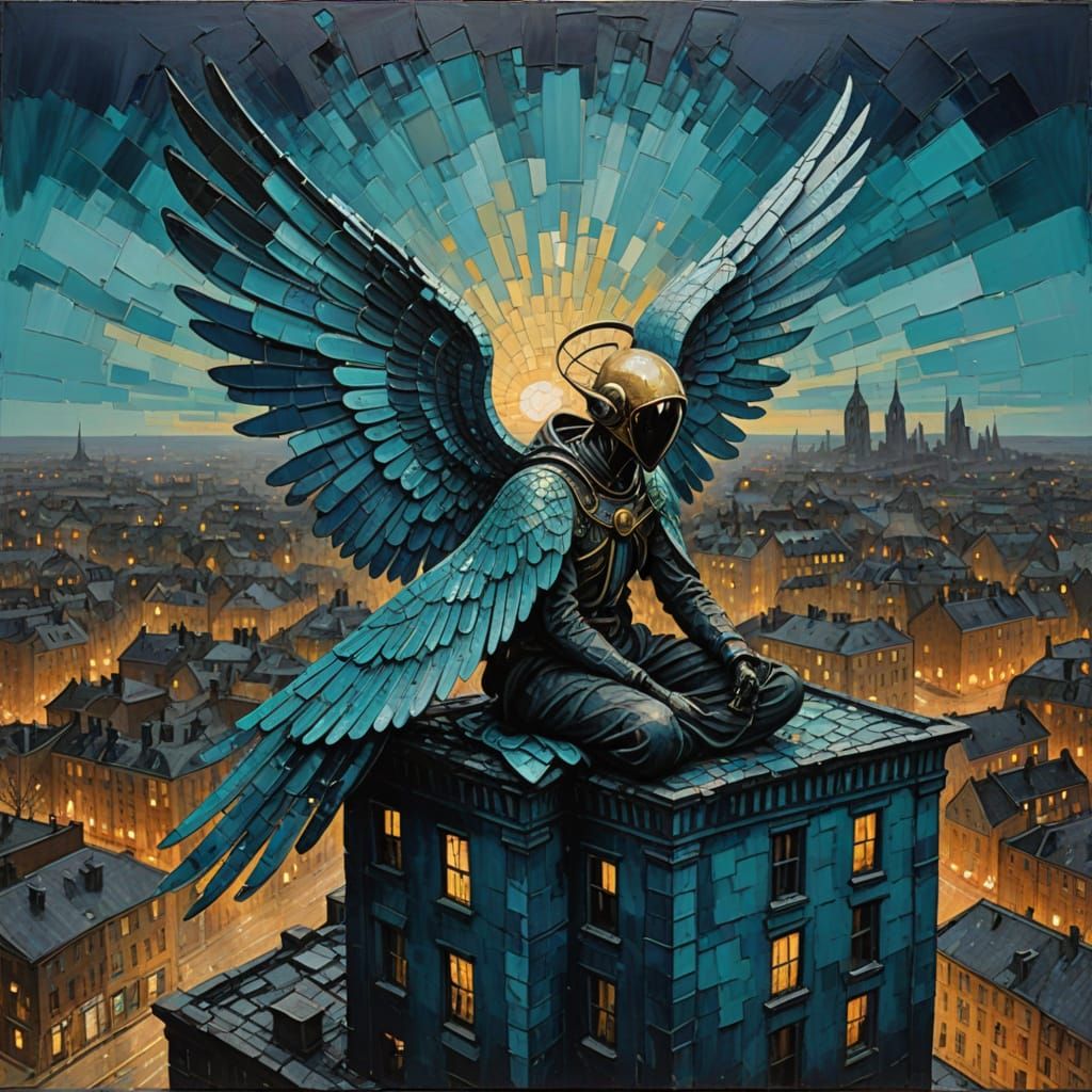 Angel on Building: Textured Oil Painting with Vibrant Hues