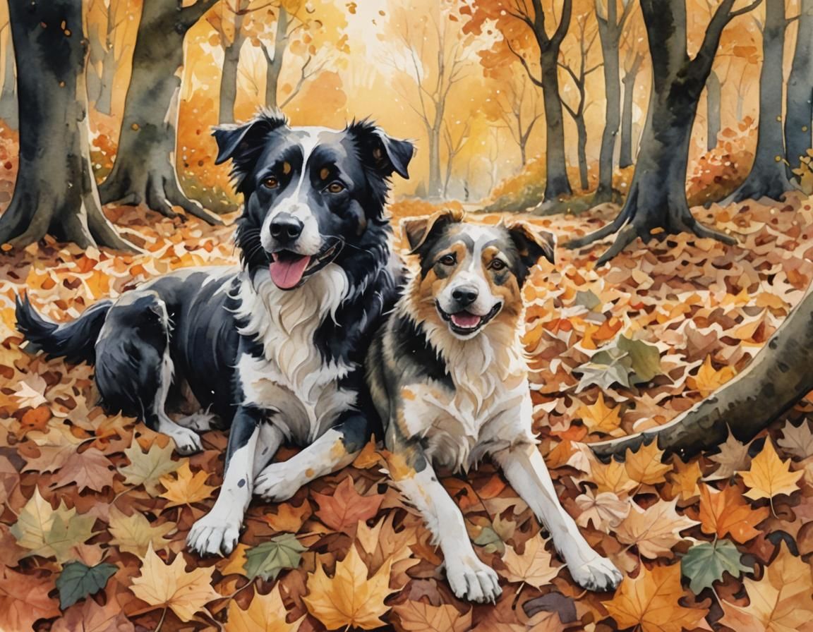 Dog Playing in Autumn Leaves Watercolour Illustration