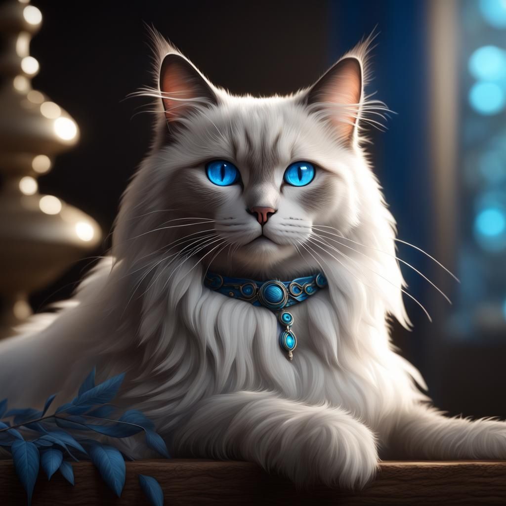 Blue-Eyed Ragdoll Cat in Detailed Digital Painting
