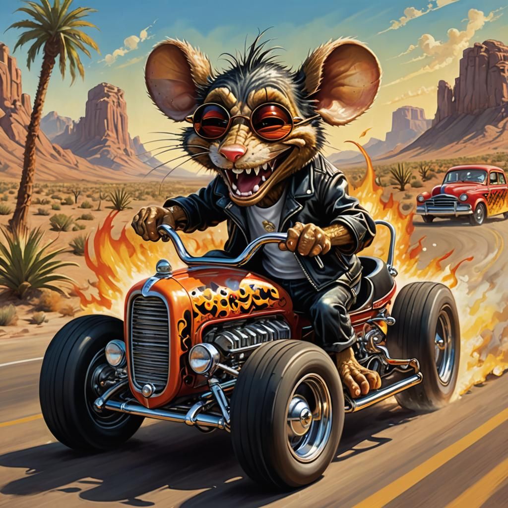 Ratfink Mouse Drives Hot Rod in Kustom Kulture Style