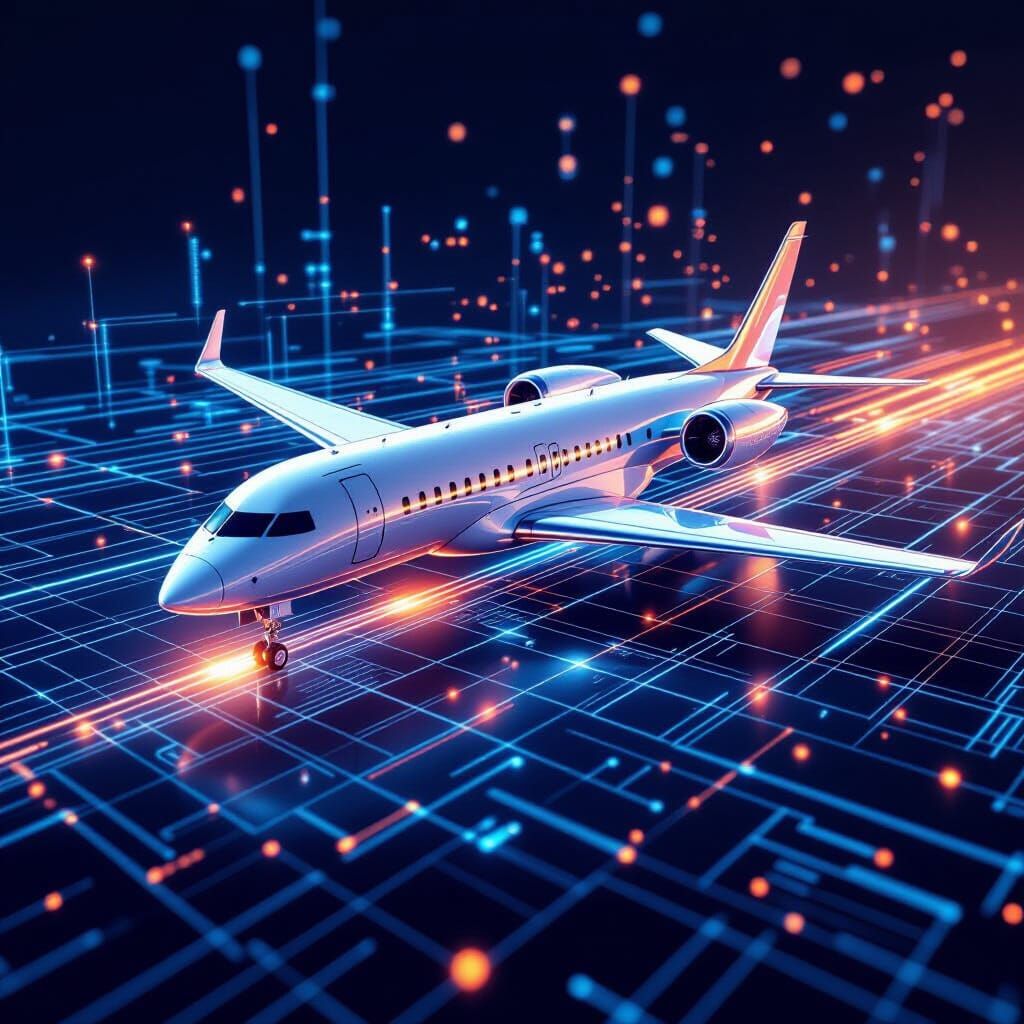 Modern Jet Above Holographic Grids in Corporate Aviation Sty...