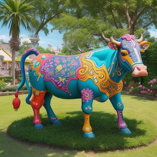 Artistically adorned cow models in the style of  cow parade ...