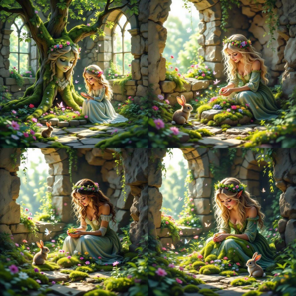 Stone Princess Tends Magical Garden in Ruin