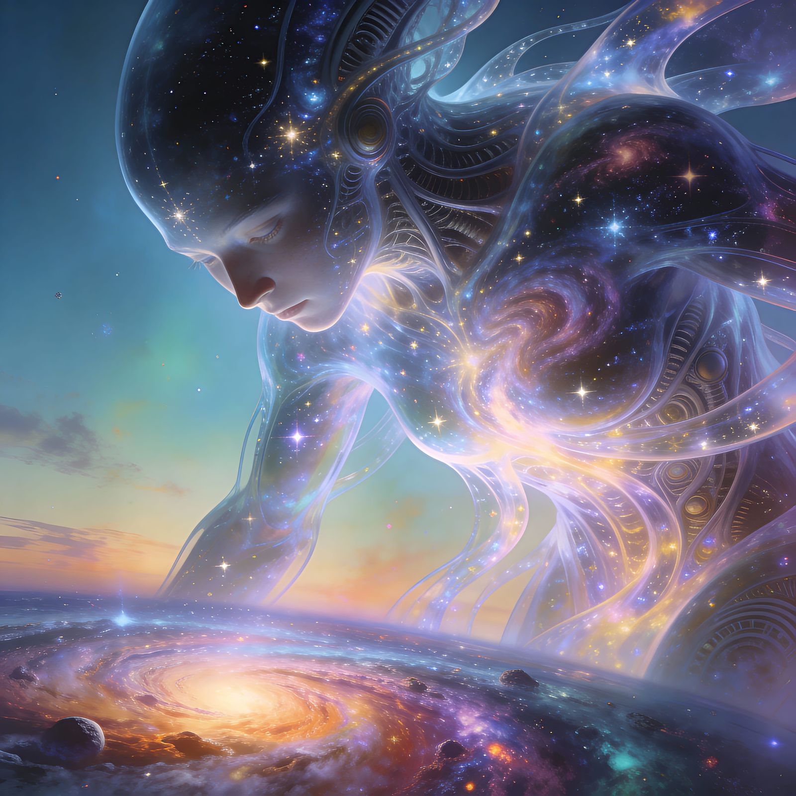 Cosmic Being Observing Galaxy, Surreal Sci-Fi Fantasy
