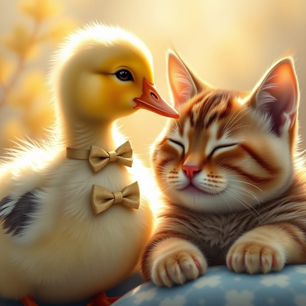 Charming Duck Whispers a Kiss to Slumbering Feline Friend in...