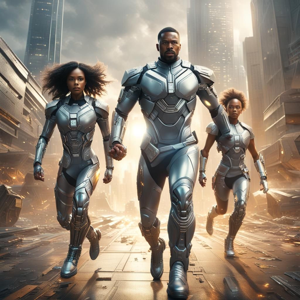 Futuristic Superheroes Run Through High-Tech City